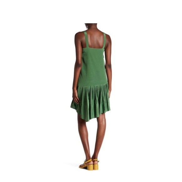 Tibi Preppy Pleated Fit Sheath Midi Dress Green Sz 2 Spaghetti Strap Square Neck - Picture 2 of 11
